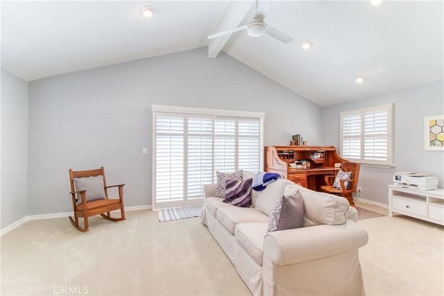 living room featuring light carpet, baseboards, vaulted ceiling with beams, recessed lighting, and a ceiling fan