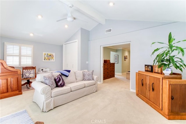 living area featuring a ceiling fan, visible vents, beam ceiling, baseboards, and light carpet