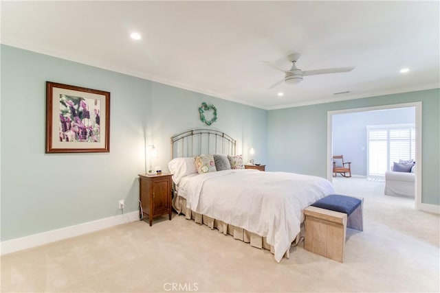 bedroom with baseboards, ornamental molding, recessed lighting, and light colored carpet