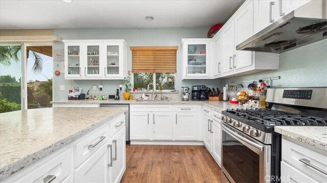 kitchen with under cabinet range hood, stainless steel appliances, white cabinetry, and a sink