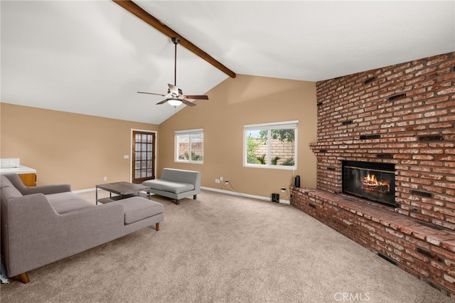 8757 San Vicente Ave, Riverside, CA 92503 - living room with a brick fireplace, carpet, a ceiling fan, and baseboards