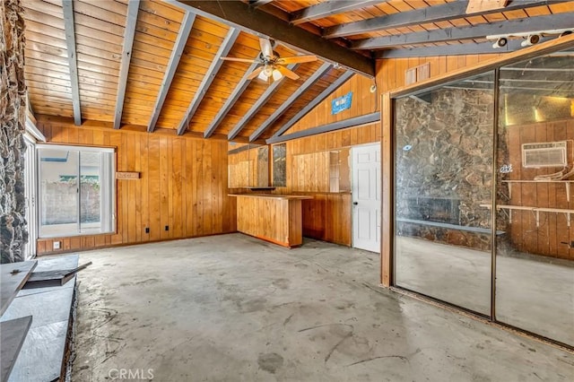 7038 Mclennan Ave, Lake Balboa, CA 91406 - unfurnished living room featuring concrete flooring, a wall mounted air conditioner, ceiling fan, wooden walls, and vaulted ceiling with beams