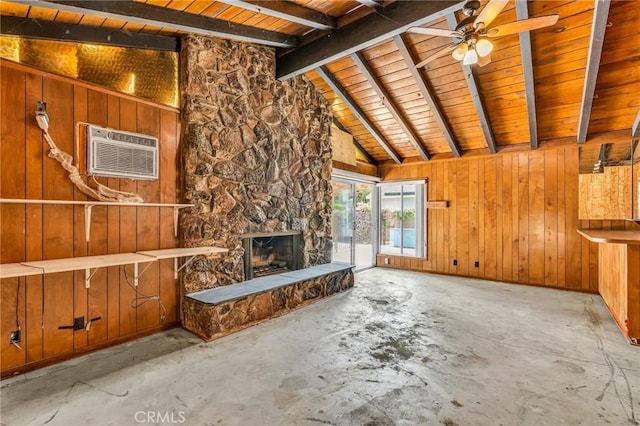7038 Mclennan Ave, Lake Balboa, CA 91406 - unfurnished living room with wood walls, a ceiling fan, a fireplace, a wall unit AC, and lofted ceiling with beams