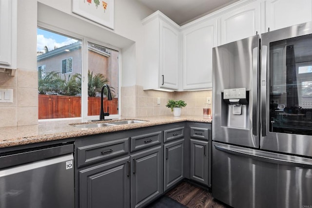 kitchen featuring gray cabinets, backsplash, appliances with stainless steel finishes, a sink, and white cabinets