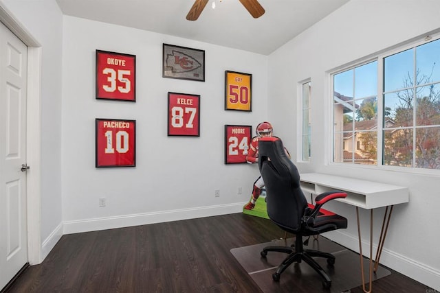 office area featuring baseboards, ceiling fan, and wood finished floors