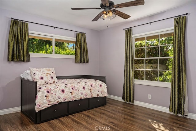 bedroom featuring ceiling fan, baseboards, multiple windows, and wood finished floors
