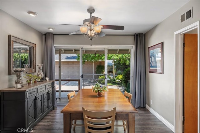 dining area with visible vents, dark wood-style flooring, ceiling fan, and baseboards
