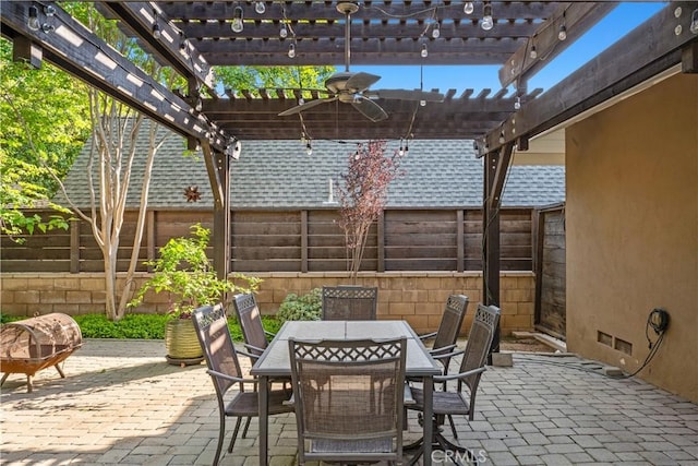 view of patio / terrace featuring a pergola, a ceiling fan, and a fenced backyard