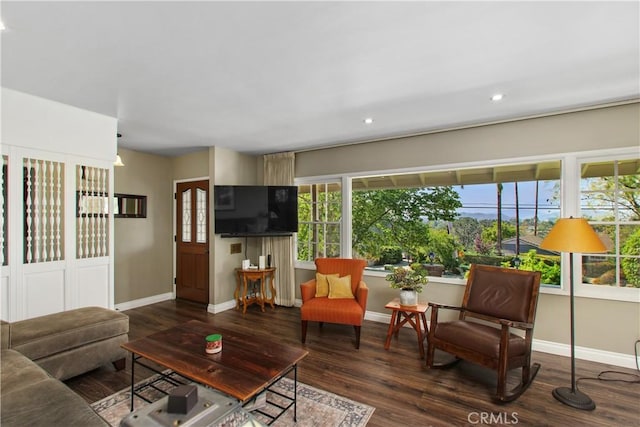 living area with recessed lighting, baseboards, and wood finished floors