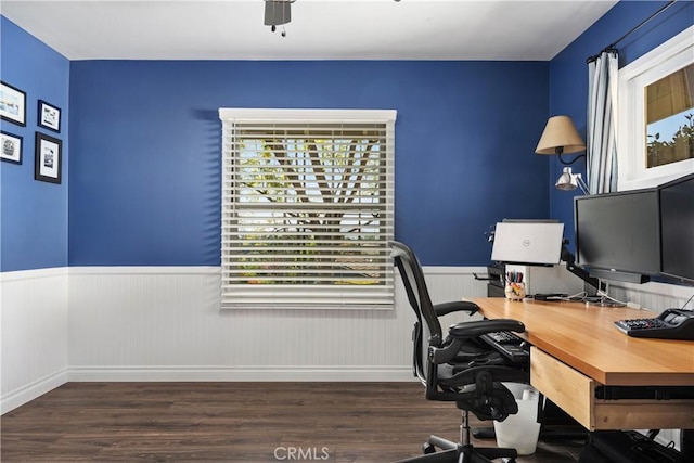 home office featuring wood finished floors, a healthy amount of sunlight, and a wainscoted wall