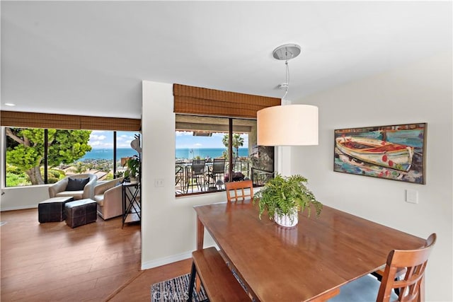 dining area with baseboards and wood finished floors