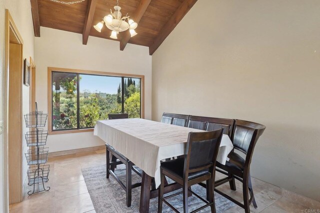 dining area featuring wood ceiling, baseboards, high vaulted ceiling, beamed ceiling, and a notable chandelier