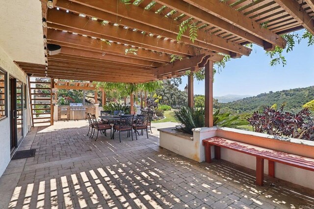 view of patio / terrace with outdoor dining area, exterior kitchen, and a pergola