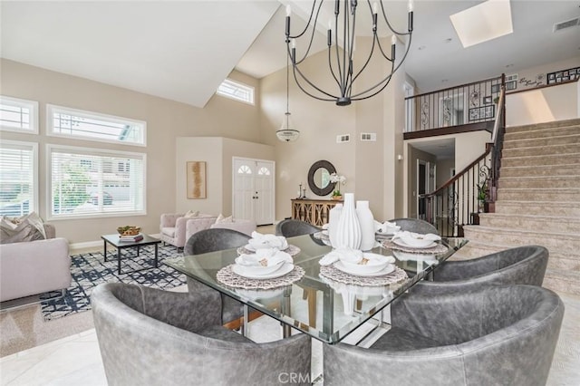 24661 Las Patranas, Yorba Linda, CA 92887 - dining room featuring a high ceiling, stairs, a chandelier, and visible vents