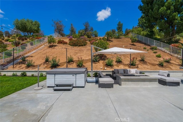 24661 Las Patranas, Yorba Linda, CA 92887 - view of patio / terrace featuring a fenced backyard, outdoor lounge area, and a hot tub