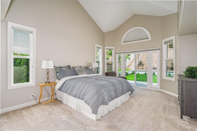 24661 Las Patranas, Yorba Linda, CA 92887 - carpeted bedroom featuring baseboards, high vaulted ceiling, and access to exterior
