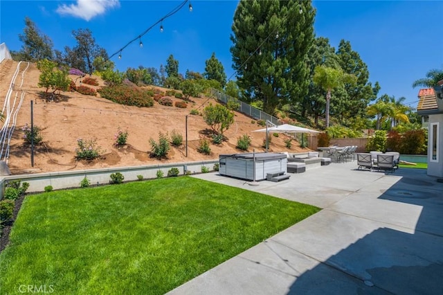 24661 Las Patranas, Yorba Linda, CA 92887 - view of yard with a hot tub, an outdoor living space, a fenced backyard, and a patio area