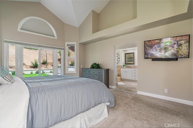 24661 Las Patranas, Yorba Linda, CA 92887 - bedroom featuring baseboards, high vaulted ceiling, light carpet, and ensuite bathroom