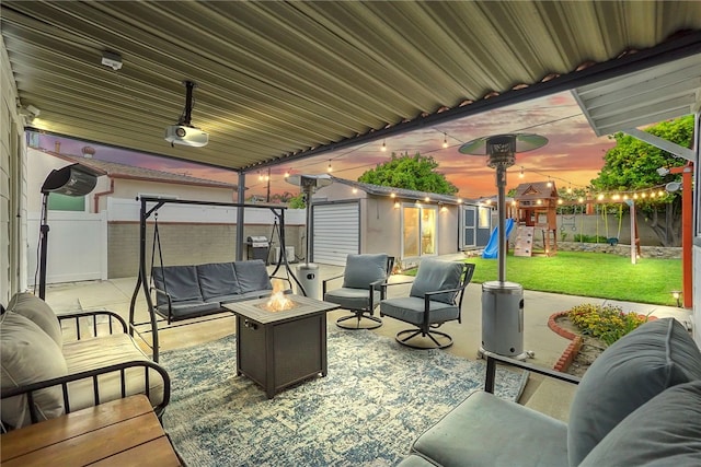 4161 Lynd Ave, Arcadia, CA 91006 - view of patio / terrace featuring a playground, an outdoor living space with a fire pit, an outdoor structure, and a storage unit