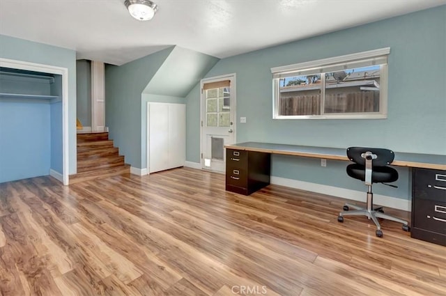 34605 Calle Portola, Dana Point, CA 92624 - unfurnished office featuring baseboards, light wood-style flooring, and lofted ceiling