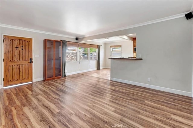 34605 Calle Portola, Dana Point, CA 92624 - unfurnished living room featuring baseboards, ornamental molding, and wood finished floors