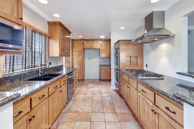 34605 Calle Portola, Dana Point, CA 92624 - kitchen with a sink, ventilation hood, dark stone countertops, and stainless steel appliances