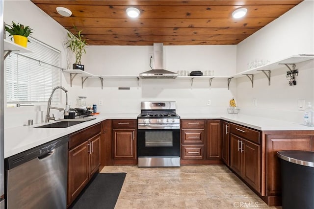 kitchen with wall chimney range hood, wood ceiling, open shelves, a sink, and stainless steel appliances