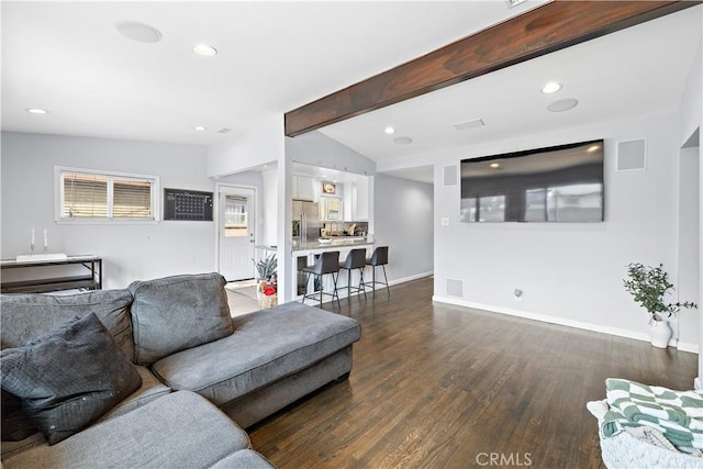 living area featuring recessed lighting, baseboards, vaulted ceiling with beams, dark wood-type flooring, and visible vents