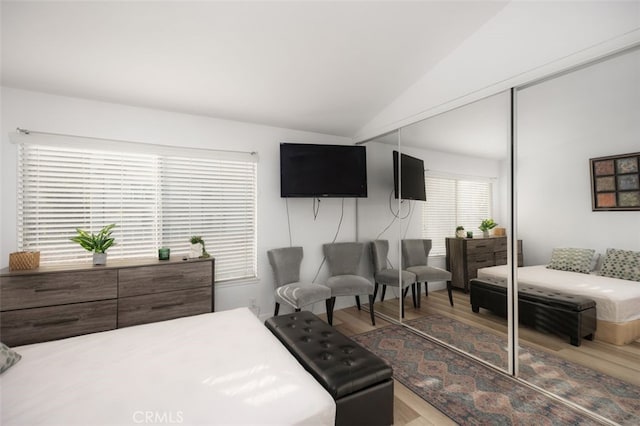 bedroom featuring vaulted ceiling, a closet, and wood finished floors
