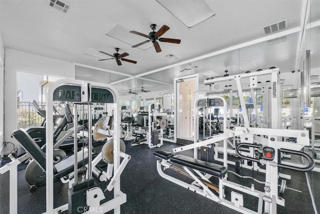 exercise room with a ceiling fan and visible vents