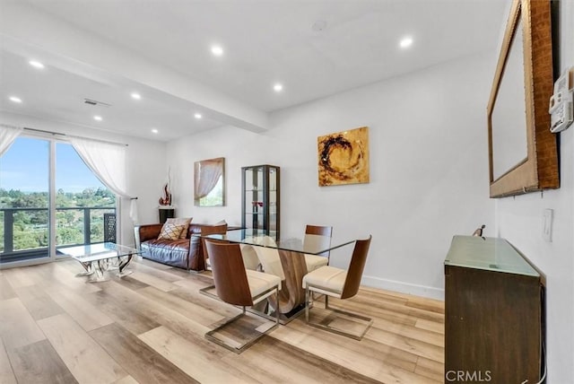 dining area with recessed lighting, light wood-style flooring, baseboards, and visible vents
