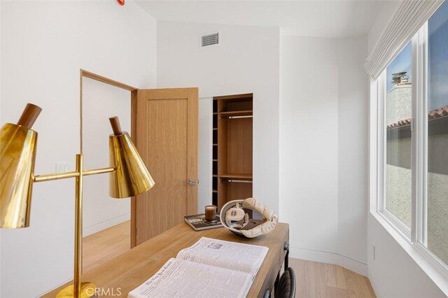 207 Canal St, Newport Beach, CA 92663 - bedroom with light wood-style floors, vaulted ceiling, a desk, and a closet