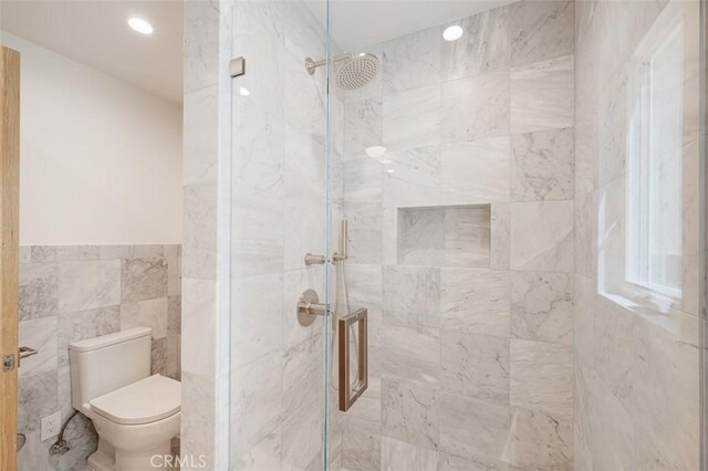 207 Canal St, Newport Beach, CA 92663 - full bathroom with a shower stall, tile walls, and recessed lighting