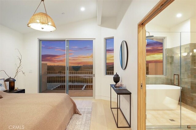 207 Canal St, Newport Beach, CA 92663 - bedroom with vaulted ceiling, wood finished floors, access to exterior, ensuite bathroom, and recessed lighting
