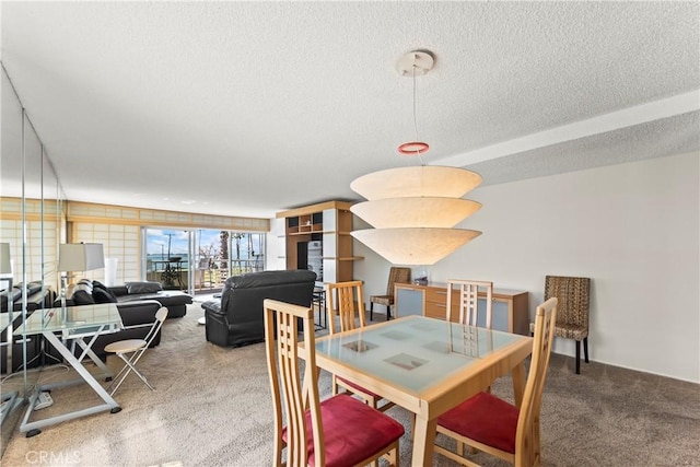 carpeted dining space featuring a textured ceiling