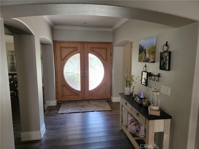 305 W 23rd St, Upland, CA 91784 - entrance foyer featuring arched walkways, ornamental molding, french doors, and wood finished floors