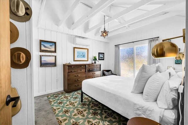 bedroom with baseboards, a wall mounted AC, and beam ceiling