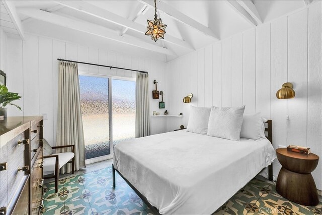 bedroom featuring tile patterned floors, access to outside, and lofted ceiling with beams