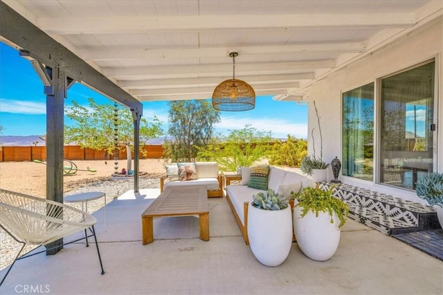 2837 Border Ave, Joshua Tree, CA 92252 - fenced backyard featuring an outdoor living space and a patio