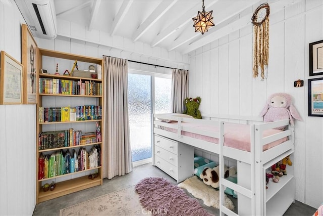 2837 Border Ave, Joshua Tree, CA 92252 - bedroom with concrete flooring, beamed ceiling, and wooden walls