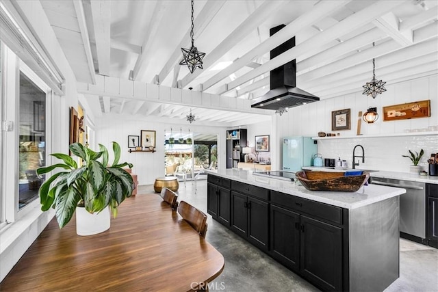 2837 Border Ave, Joshua Tree, CA 92252 - kitchen featuring dark cabinets, dishwasher, beamed ceiling, a kitchen island, and island range hood