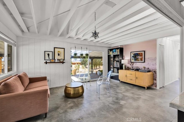 2837 Border Ave, Joshua Tree, CA 92252 - living room featuring concrete floors and beamed ceiling