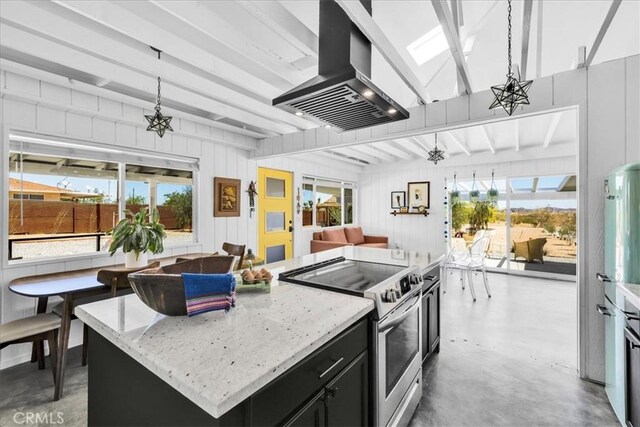 kitchen with island range hood, a center island, concrete floors, stainless steel electric stove, and dark cabinetry