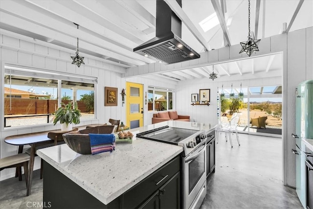 2837 Border Ave, Joshua Tree, CA 92252 - kitchen with electric range, range hood, finished concrete flooring, dark cabinets, and a kitchen island