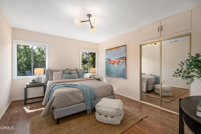 bedroom featuring a closet, baseboards, wood finished floors, and multiple windows