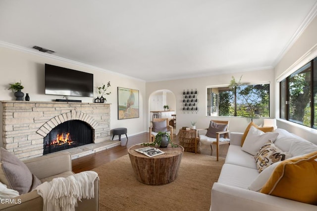 living area with crown molding, visible vents, plenty of natural light, and a fireplace