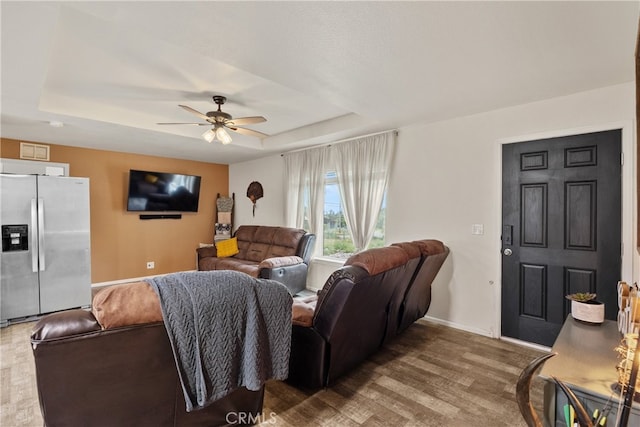 5736 La Porte Rd, Bangor, CA 95914 - living room with baseboards, a raised ceiling, and ceiling fan