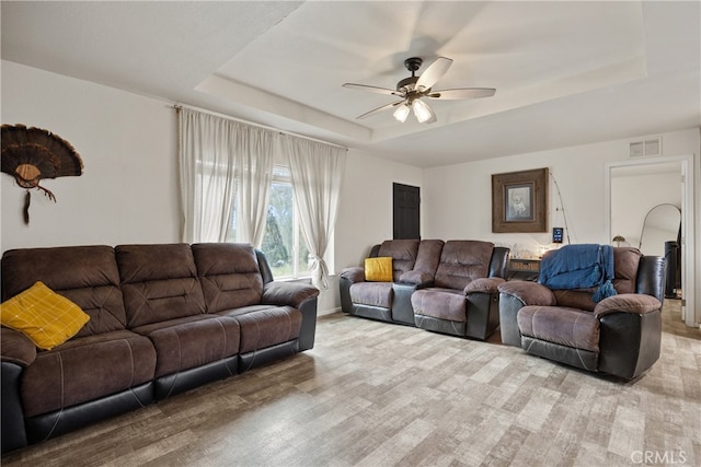 5736 La Porte Rd, Bangor, CA 95914 - living room featuring a ceiling fan, a tray ceiling, and visible vents