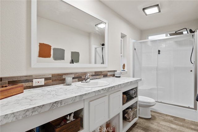5736 La Porte Rd, Bangor, CA 95914 - bathroom featuring vanity, a shower stall, toilet, and wood finished floors