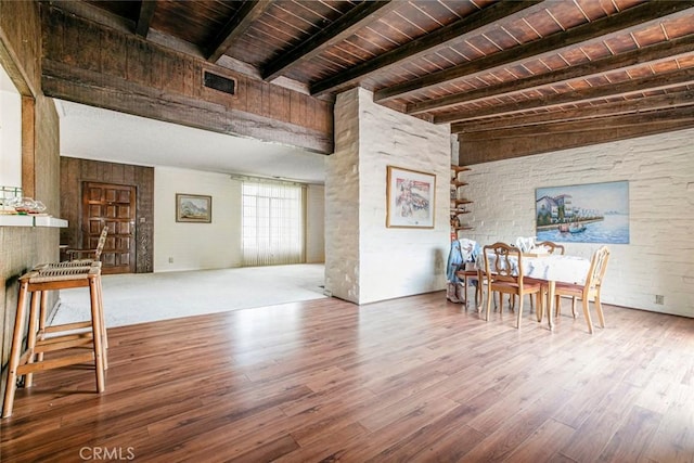 1422 W Riverside Dr, Burbank, CA 91506 - dining room with visible vents, wooden ceiling, beam ceiling, and wood finished floors